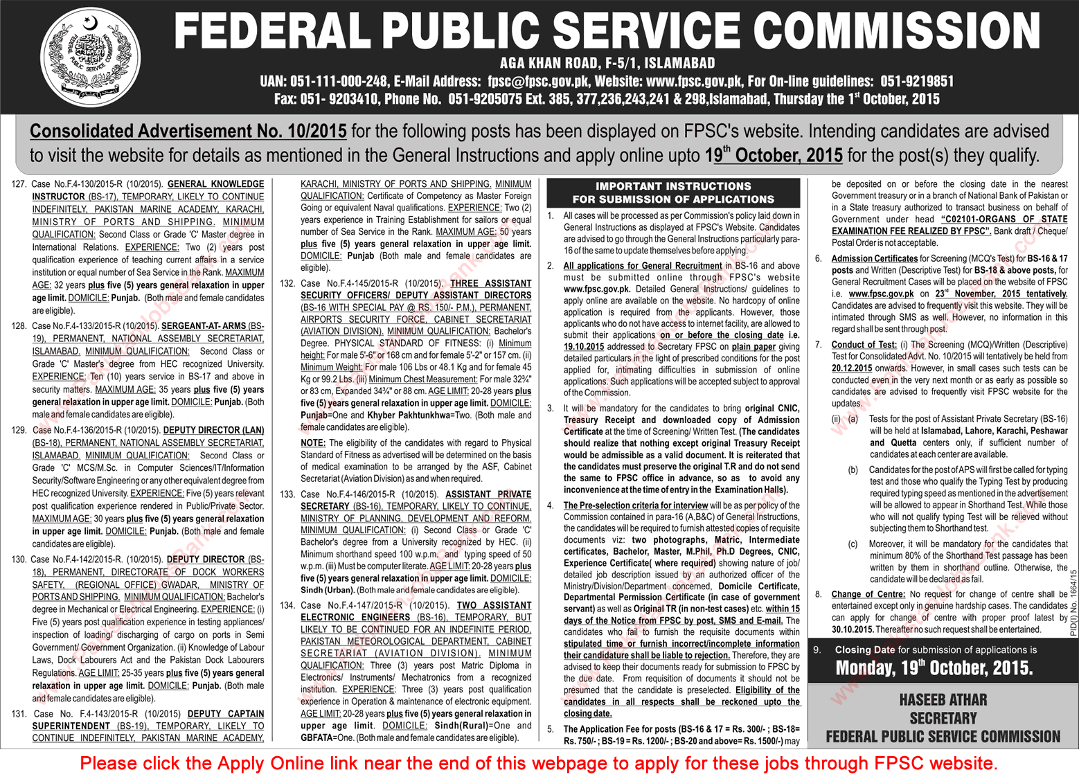 Fpsc Jobs October Online Apply Consolidated Advertisement No